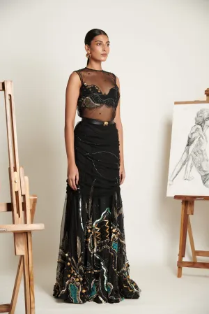 Noir Swirlscent Encrusted Lehenga with Embellished Blouse and Tulle Overlay Tunic
