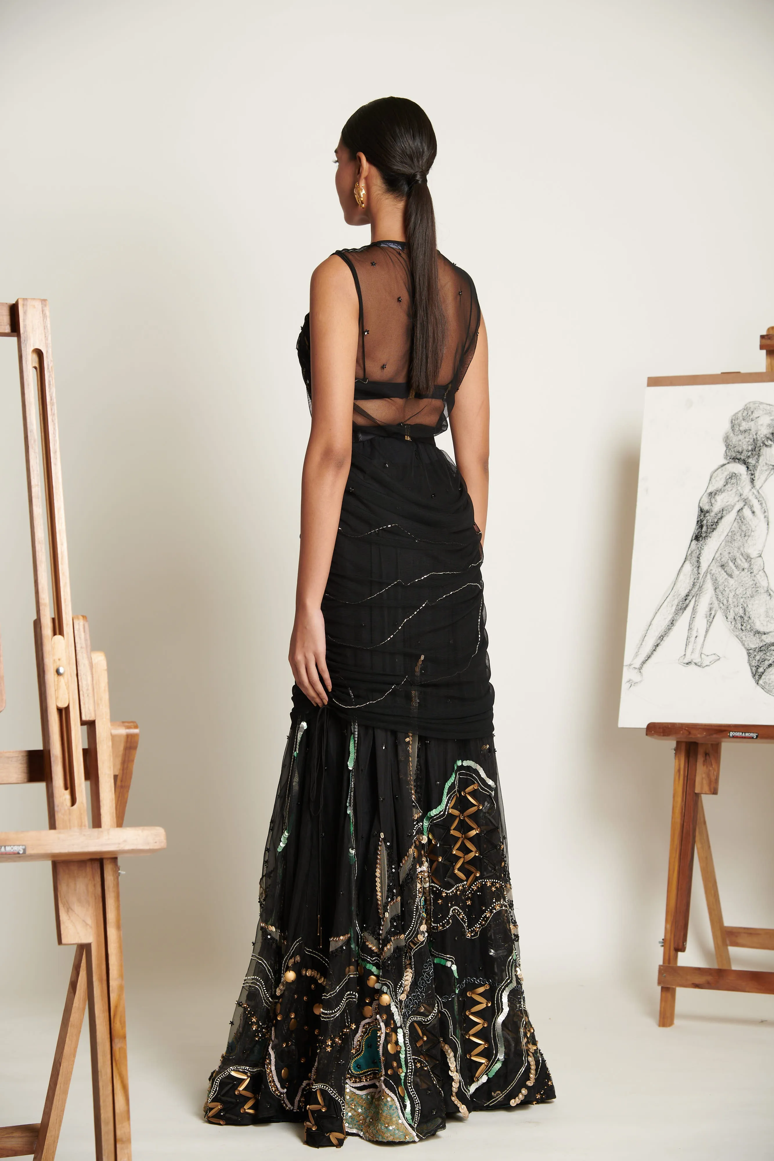 Noir Swirlscent Encrusted Lehenga with Embellished Blouse and Tulle Overlay Tunic