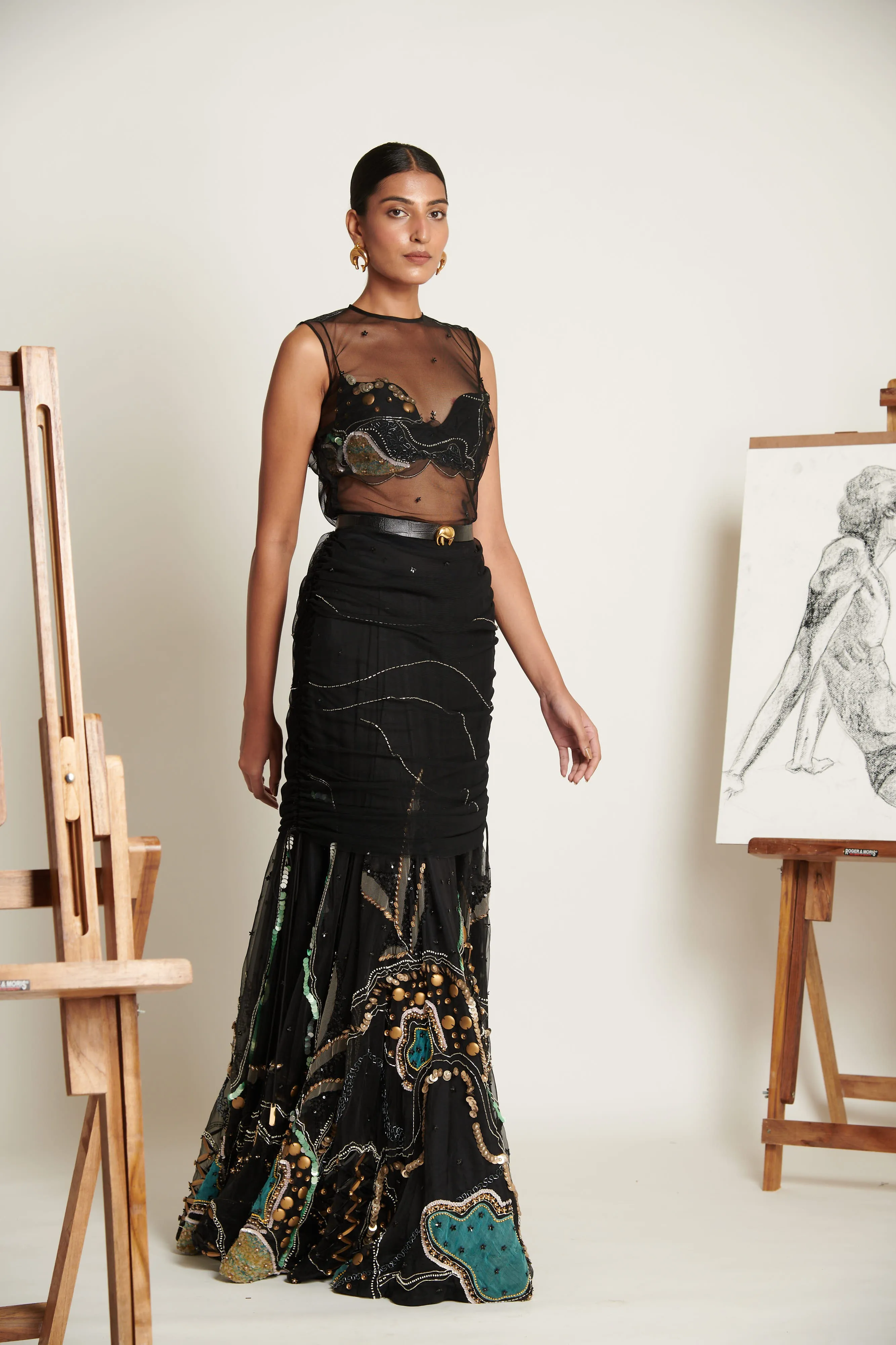 Noir Swirlscent Encrusted Lehenga with Embellished Blouse and Tulle Overlay Tunic