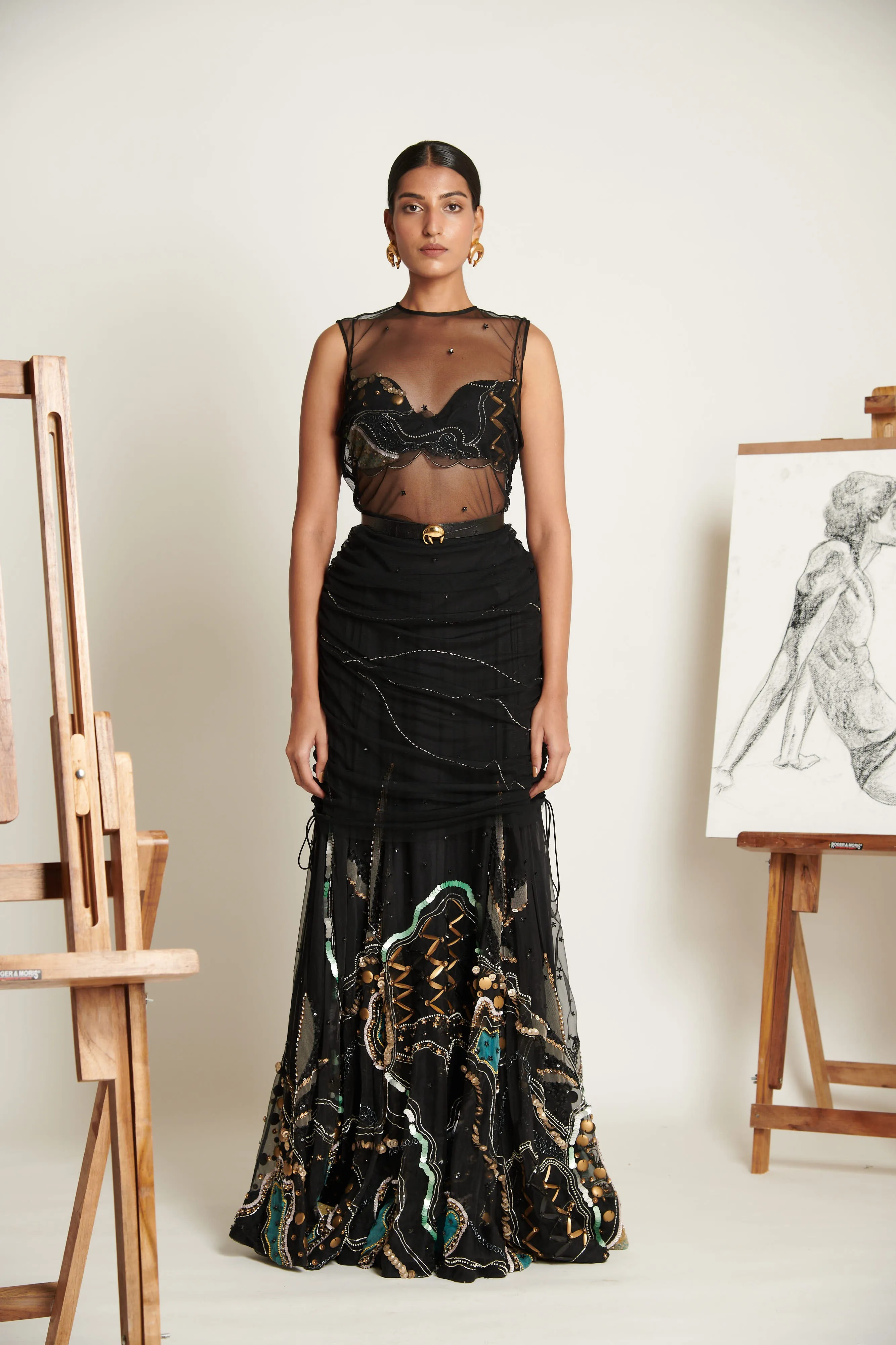 Noir Swirlscent Encrusted Lehenga with Embellished Blouse and Tulle Overlay Tunic