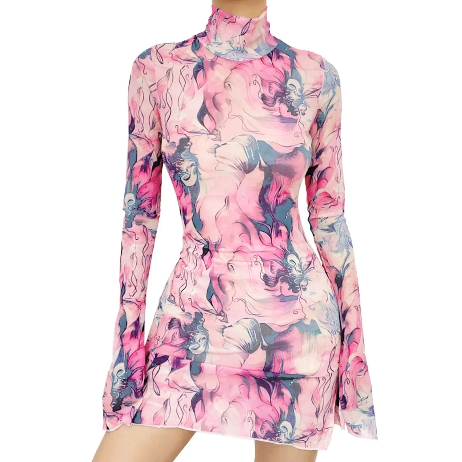 Tie-Dye Slit Sides Bell Sleeves Mini Dress