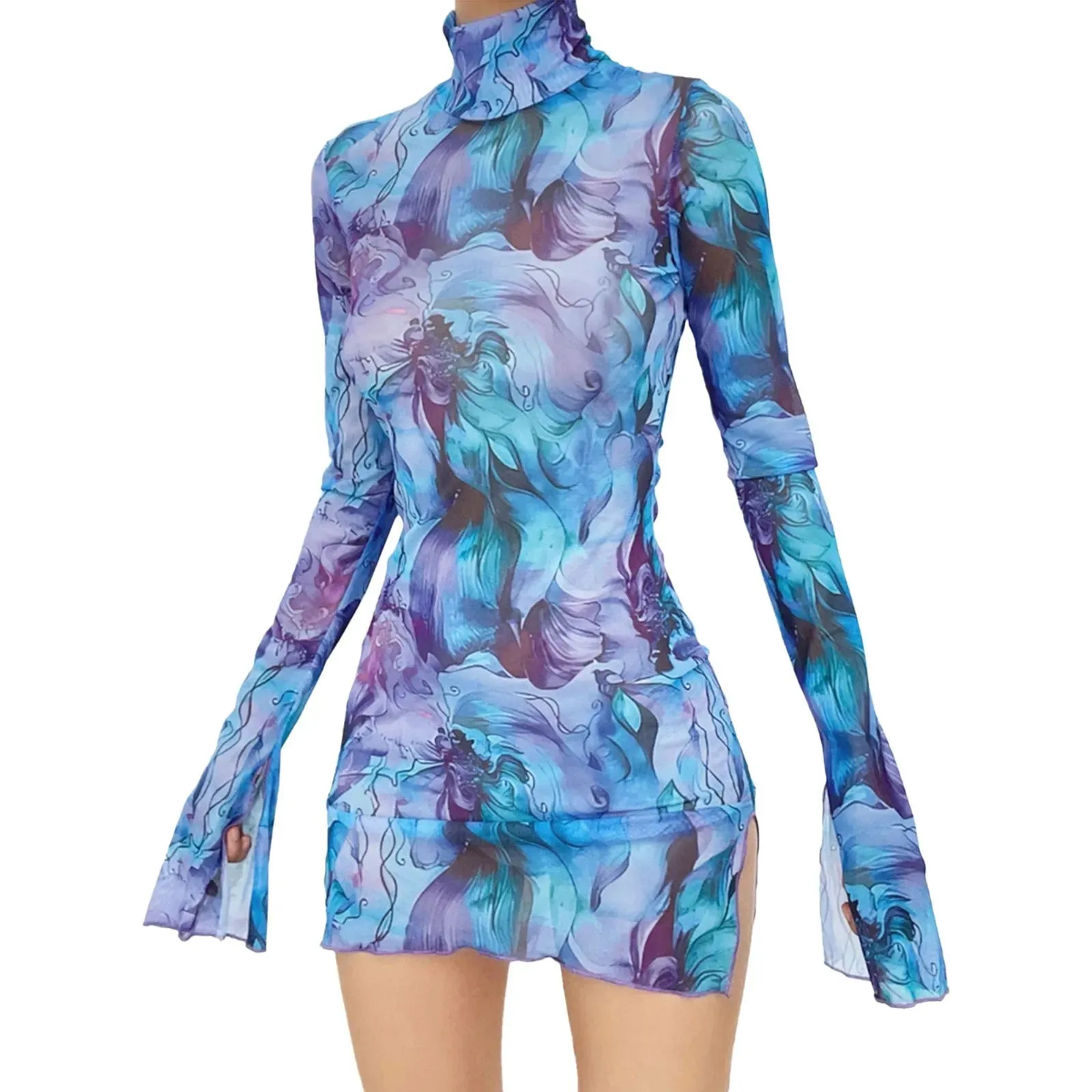 Tie-Dye Slit Sides Bell Sleeves Mini Dress