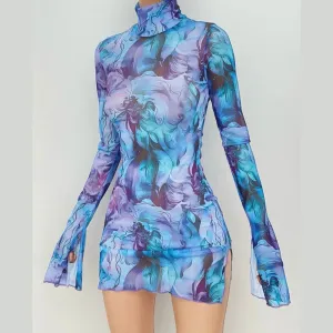 Tie-Dye Slit Sides Bell Sleeves Mini Dress