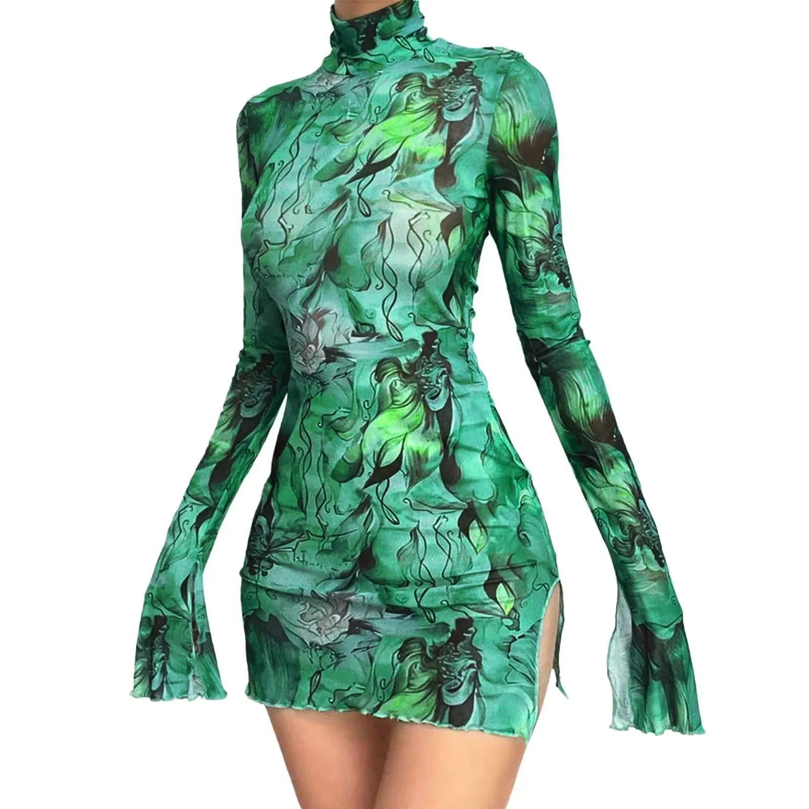 Tie-Dye Slit Sides Bell Sleeves Mini Dress