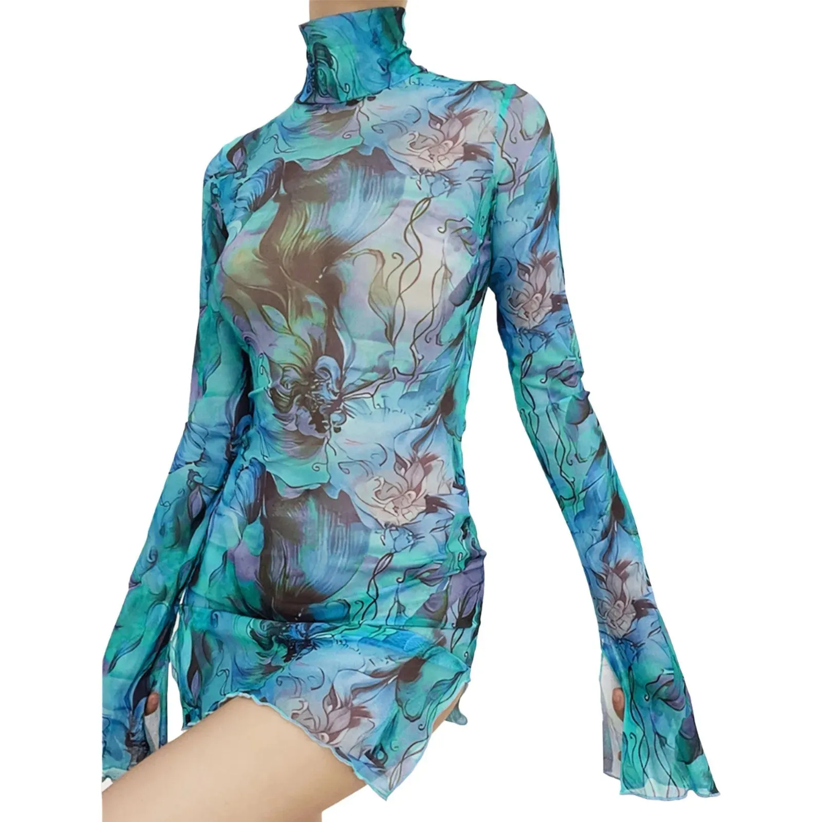 Tie-Dye Slit Sides Bell Sleeves Mini Dress